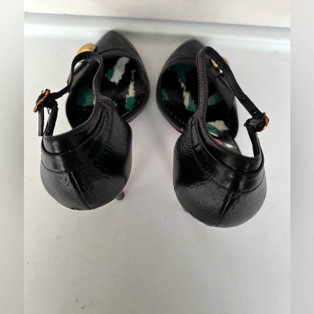 Betsey Johnson Y2K Black Leather Stilettos Ankle Strap Bow & Gold Button Size 7 - Picture 8 of 11